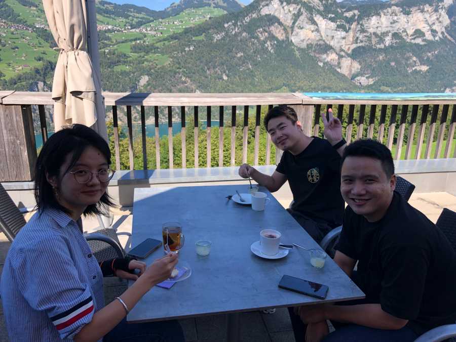 Students dining on the balcony